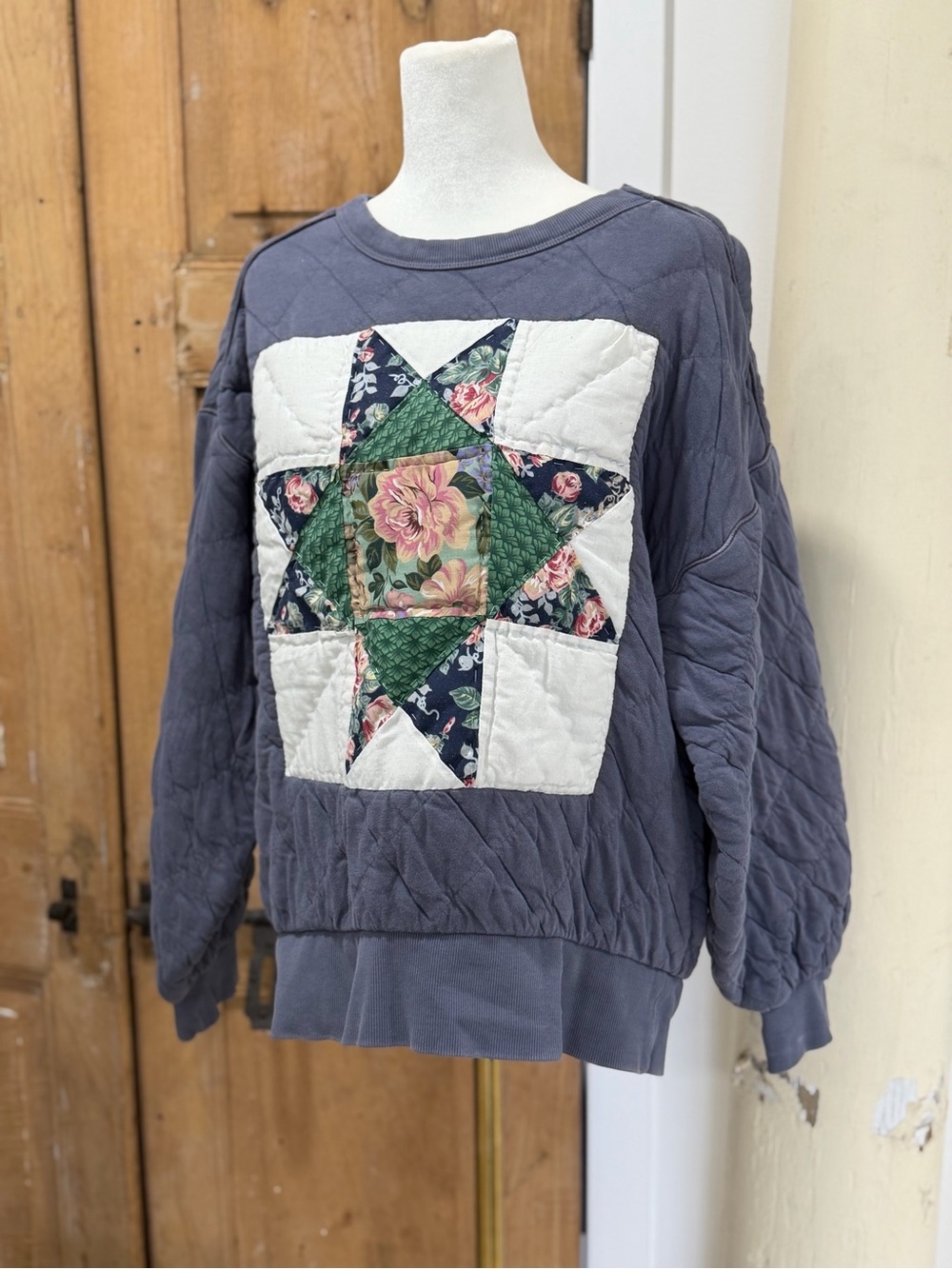 Quilt Patchwork Star Crewneck Sweater - Slate Blue
